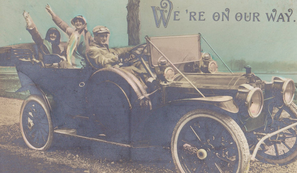 We're On Our Way- 1900s Antique Photograph- Edwardian Motorists- Hand Tinted- Real Photo Postcard- Bromide RPPC