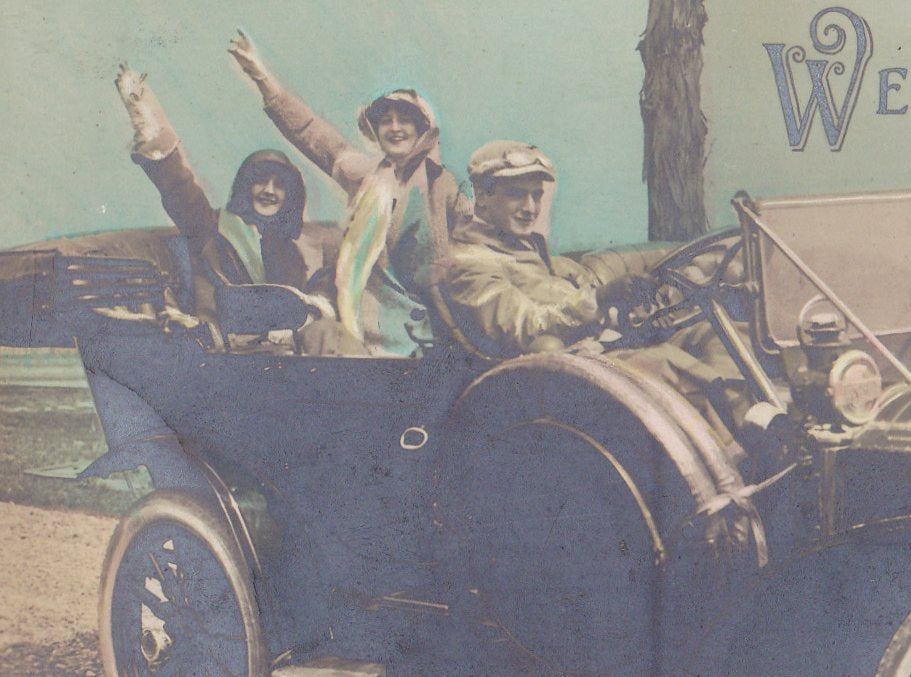 We're On Our Way- 1900s Antique Photograph- Edwardian Motorists- Hand Tinted- Real Photo Postcard- Bromide RPPC