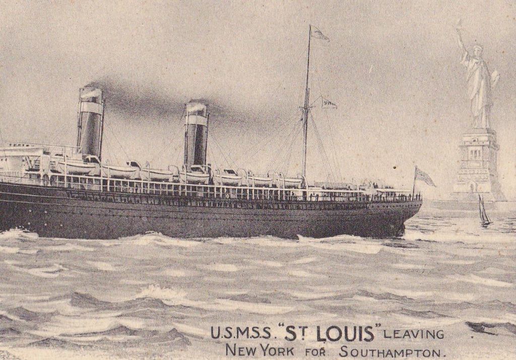 U.S.M.S.S. St. Louis- 1900s Antique Postcard- American Line- New York Harbor- Statue of Liberty- Steamship- Steamer Ship