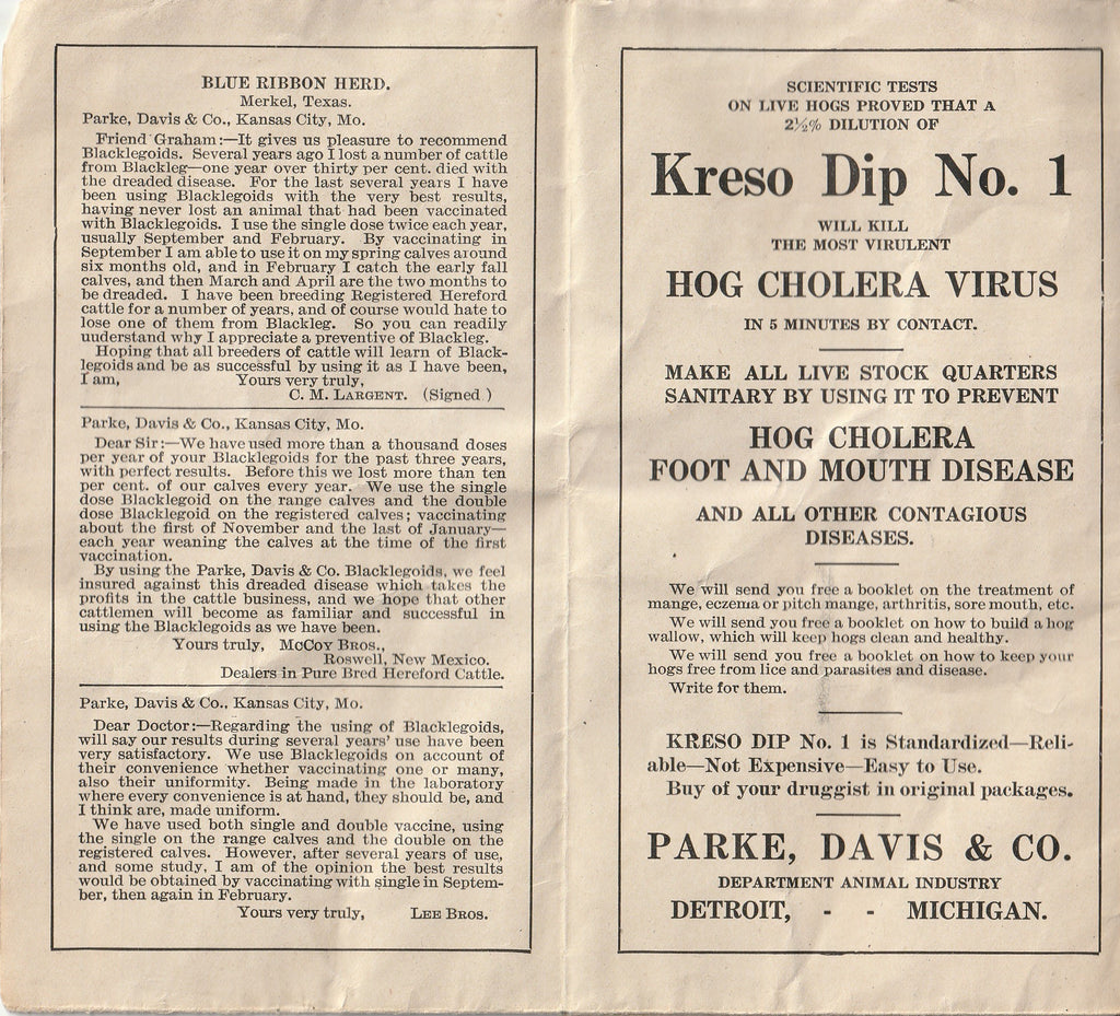 Blacklegoids - For Prevention of Blackleg in Cattle - Parke, Davis & Co. - Pamphlet, c. 1900s
