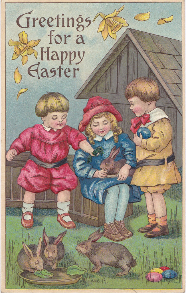 Baby Easter Bunny- 1910s Antique Postcards- SET of 2- Edwardian Children- Easter Eggs- German-Made- Used