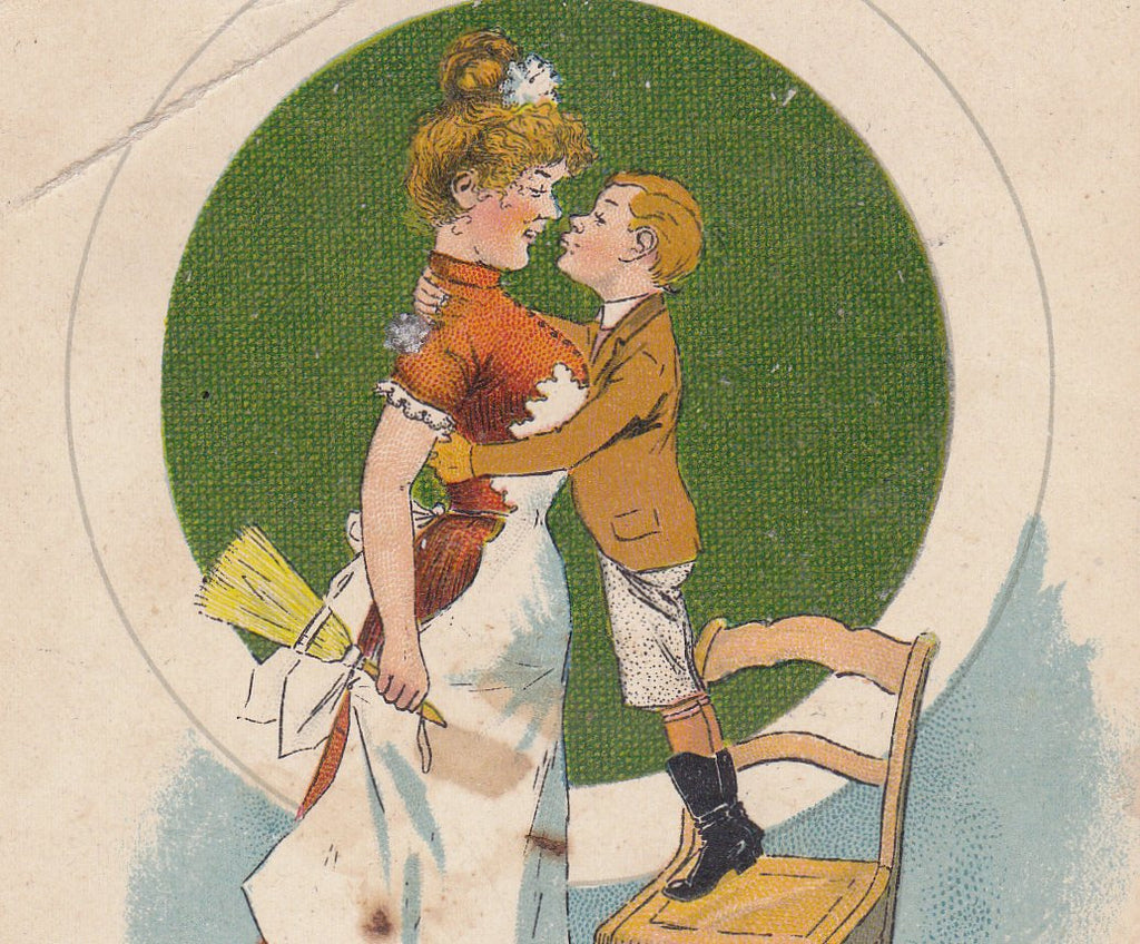 A Master's Early Practice- 1900s Antique Postcard- Edwardian Nursemaid- Nursery Maid- First Kiss- Art Comic- Moore Gibson- Used