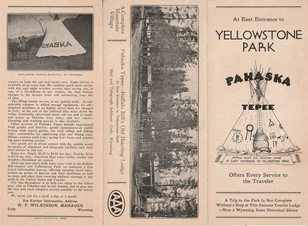 Pahaska Tepee - Buffalo Bill's Old Hunting Lodge - Yellowstone National Park - Brochure, c. 1930s