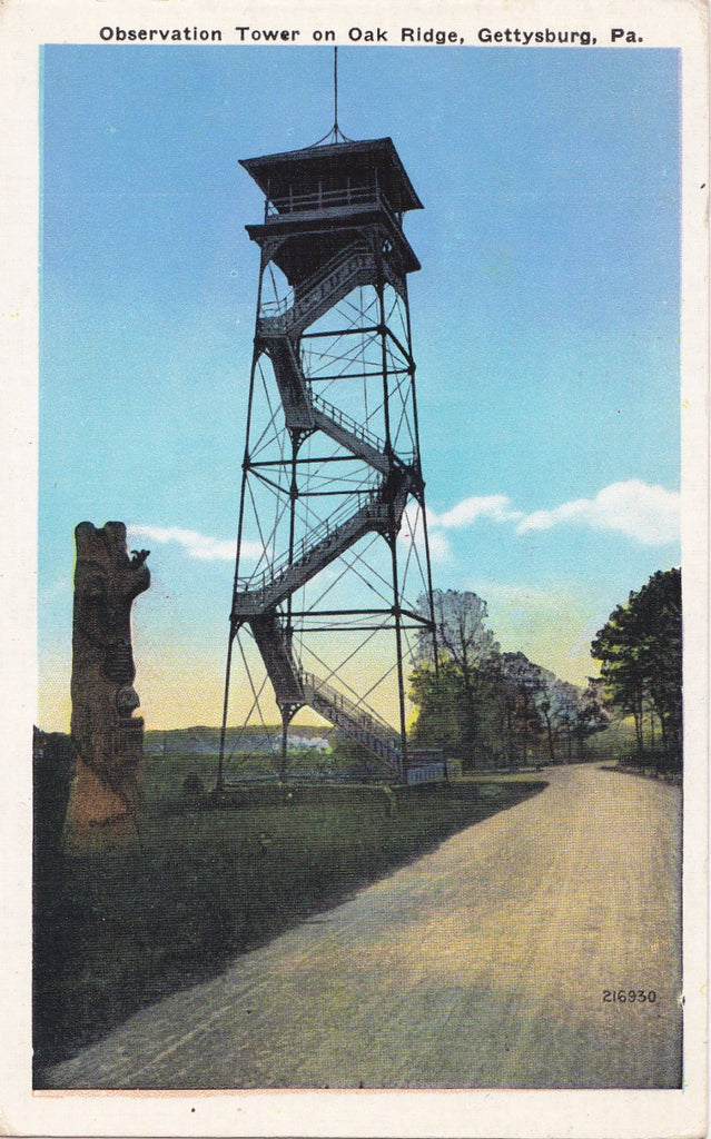 Observation Tower on Oak Ridge- 1930s Vintage Postcard- Gettysburg, Pennsylvania- Civil War Battlefield- Souvenir View- Miller Art Co.- Used