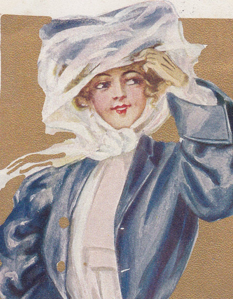 Edwardian Auto Beauty- 1900s Antique Postcard- Duster Coat- Driving Hat- Automobile Driver- Lady Motorist Art- Used