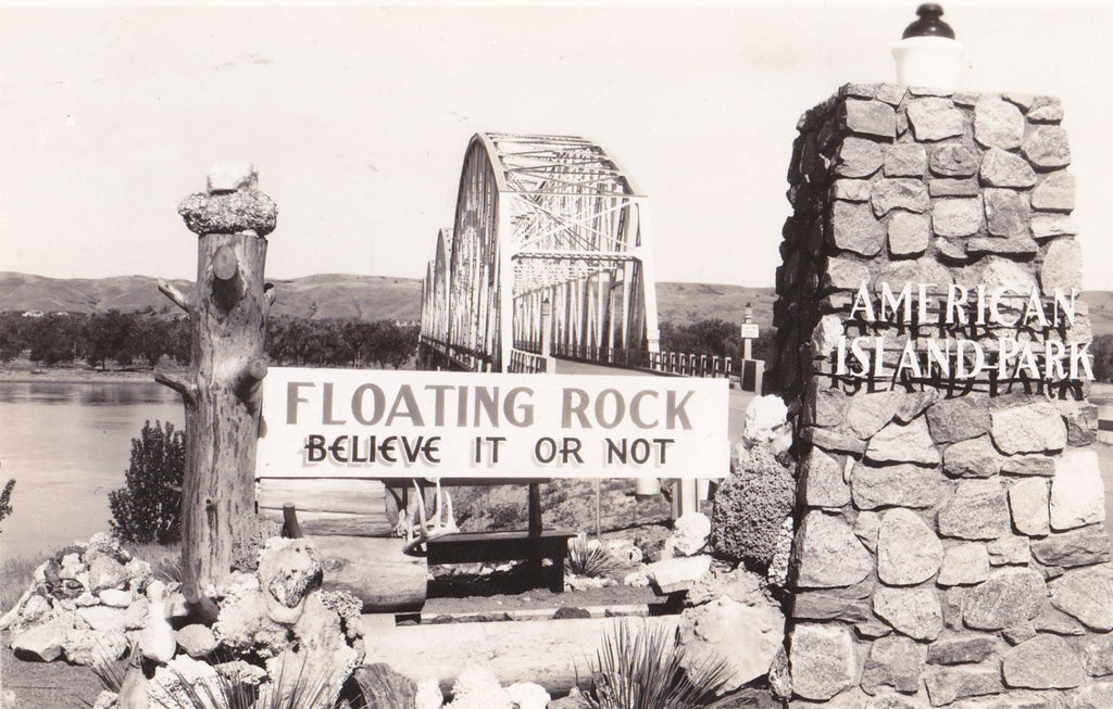 Floating Rock- 1940s Vintage Photograph- Believe It Or Not- Chamberlain, S. Dakota- American Island Park- Real Photo Postcard- EKC RPPC