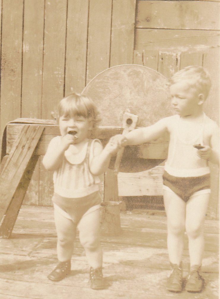 Papa Was An Axeman- 1920s Antique Photograph- Grindstone- Brothers in Swimsuits- Holding Hands- Sepia Snapshot- Found Photo