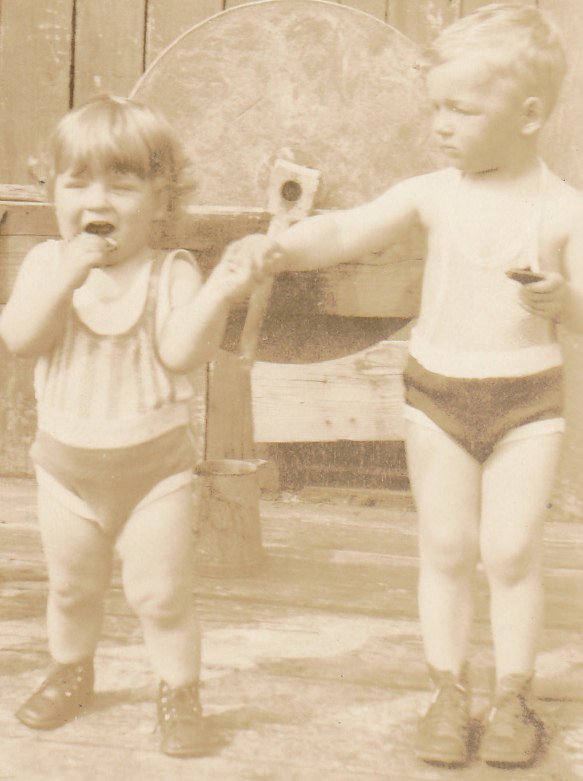 Papa Was An Axeman- 1920s Antique Photograph- Grindstone- Brothers in Swimsuits- Holding Hands- Sepia Snapshot- Found Photo