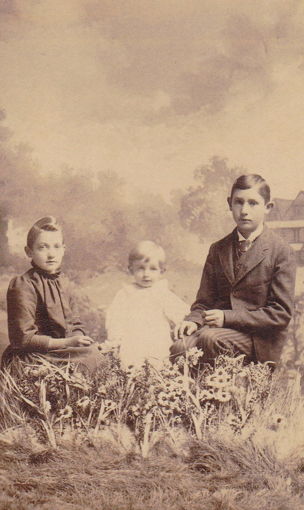 Sunflower Siblings- 1800s Antique Photograph- Victorian Children- Manitowoc, Wisconsin- CDV Portrait- Photographer Hugo Klingholz