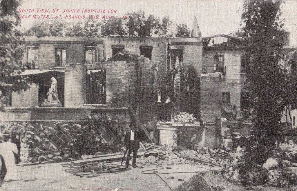 Fire Devastation- 1900s Antique Postcards- SET of 4- St. Johns Institute for Deaf Mutes- St Francis, Wisconsin- Disaster- E C Kropp