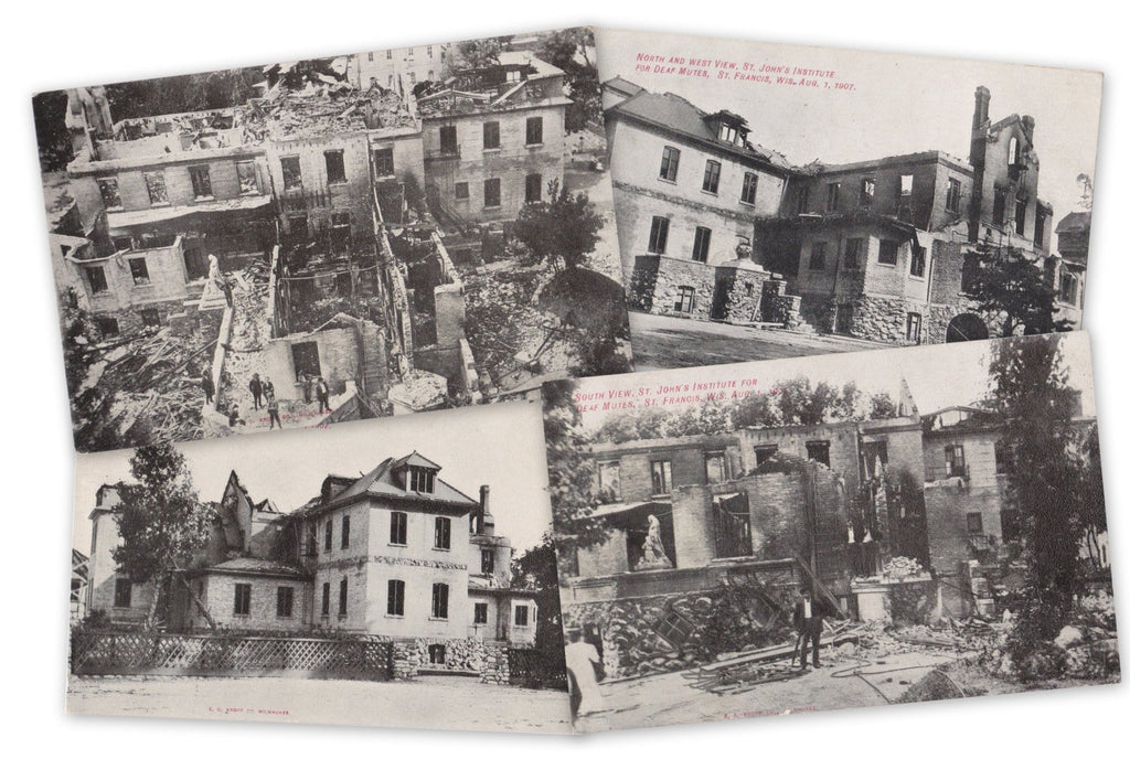 Fire Devastation- 1900s Antique Postcards- SET of 4- St. Johns Institute for Deaf Mutes- St Francis, Wisconsin- Disaster- E C Kropp