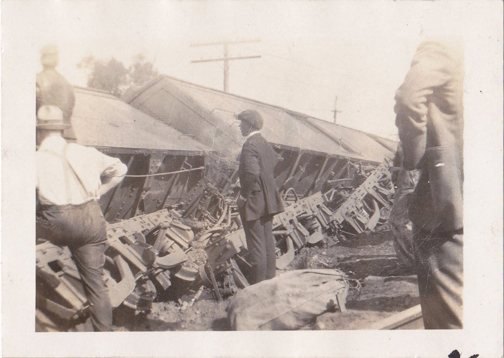 Off the Rails- 1920s Antique Photograph- Train Wreck Crash- Eyewitness History- Disaster Accident- Box Cars- Found Photo- Snapshot