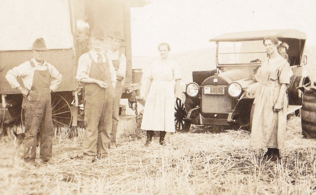 Edwardian Caravan- 1910s Antique Photograph- Farmers in Overalls- Automobile- Farm Family- Real Photo Postcard- RPPC- Paper Ephemera