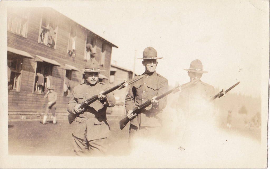 Fog of War- 1900s Antique Photograph- WWI Soldiers- Rifle Bayonets- Military Base- First World War- Real Photo Postcard- AZO RPPC