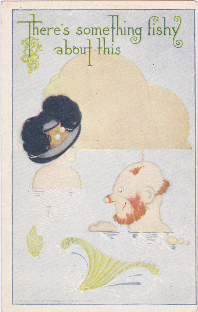 Something Fishy- 1900s Antique Postcard- Mermaid- Swimming in Ocean- Edwardian Humor- Art Comic- All Sorts Series- Sparneli Print- Unused