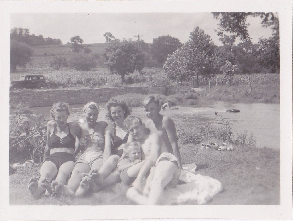 Roadside Swimmin' Hole- 1950s Vintage Photograph- Women in Bikinis- Swimsuits- Bathing Suits- Bare Feet- Found Photo