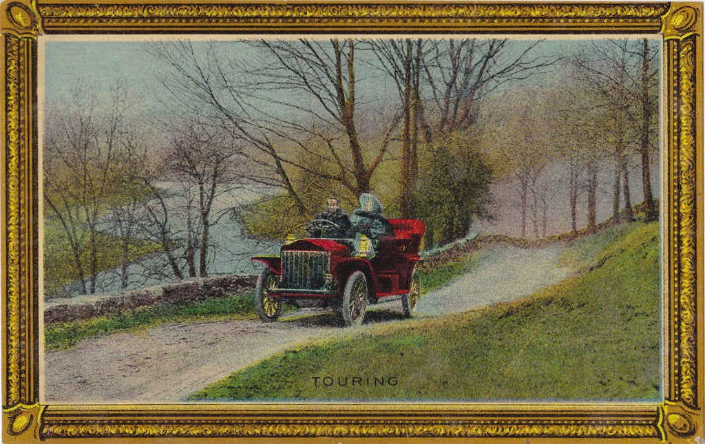 Touring Car- 1900s Antique Postcard- Edwardian Motorists- Convertible Automobile- Sunday Drive- Art Romance- Alcan Moss Pub. Co.- Used