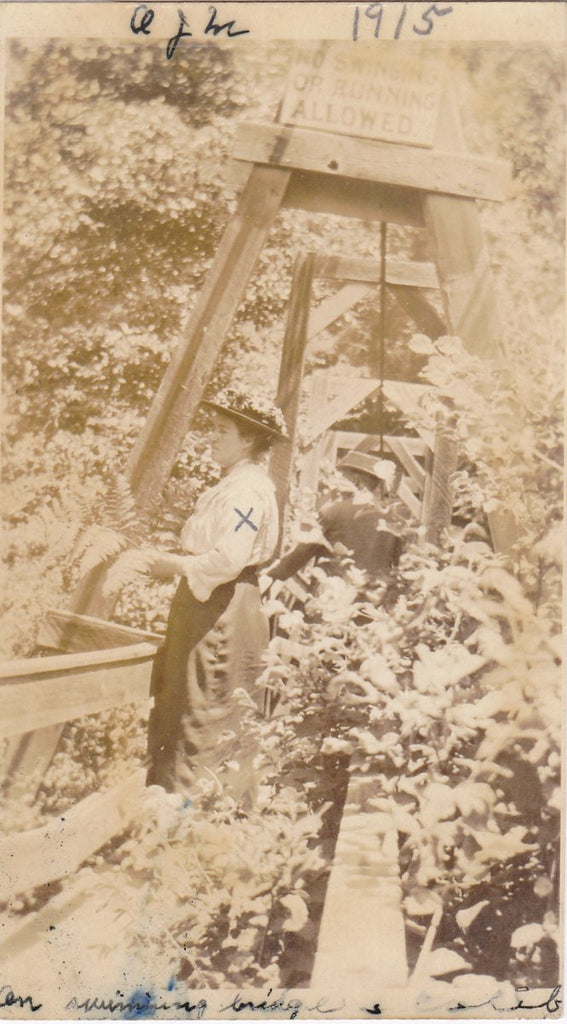 On Swimming Bridge- 1910s Antique Photograph- Nature Walk- Edwardian Couple- No Running Sign- Real Photo Postcard- AZO RPPC