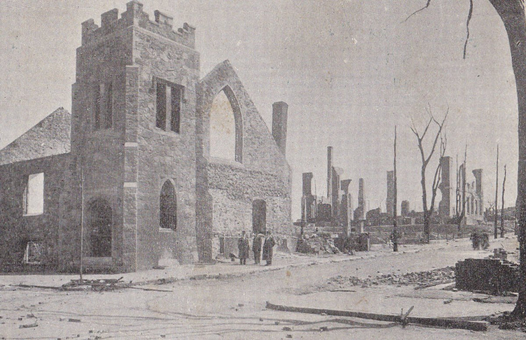 Great Chelsea Fire of 1908- Bellingham Methodist Church- High School- Disaster- Postcard, c. 1900s