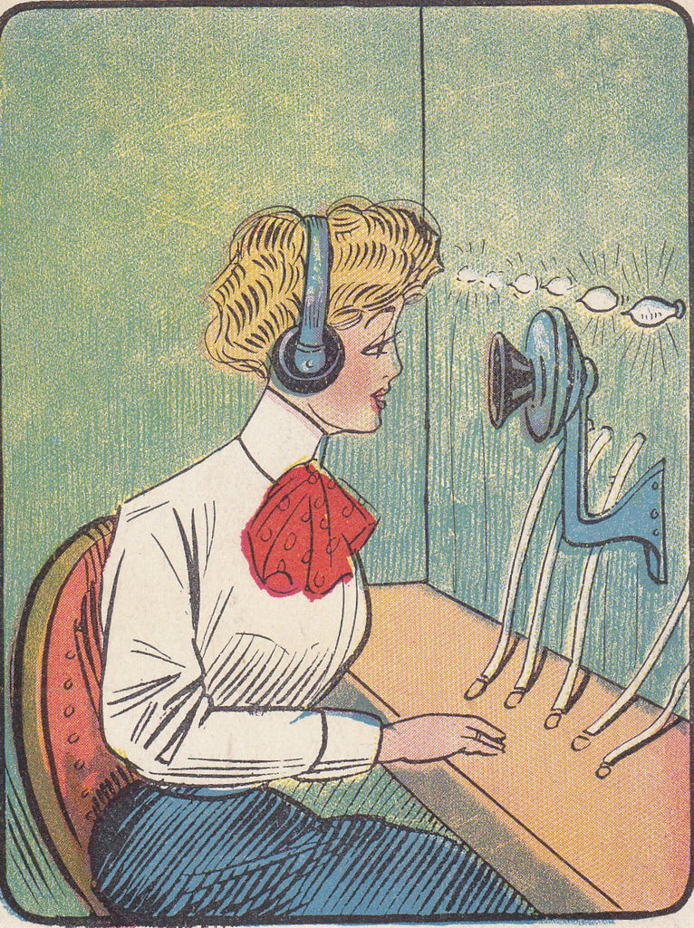 Telephone Girl- 1910s Antique Postcard- Switchboard Operator- Edwardian Woman- Occupational- Phone Art Comic- Used