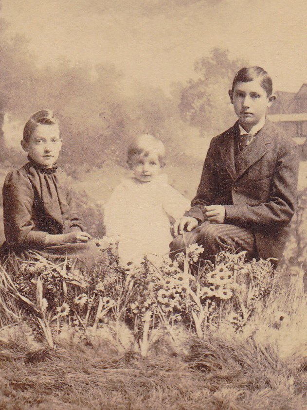 Sunflower Siblings- 1800s Antique Photograph- Victorian Children- Manitowoc, Wisconsin- CDV Portrait- Photographer Hugo Klingholz
