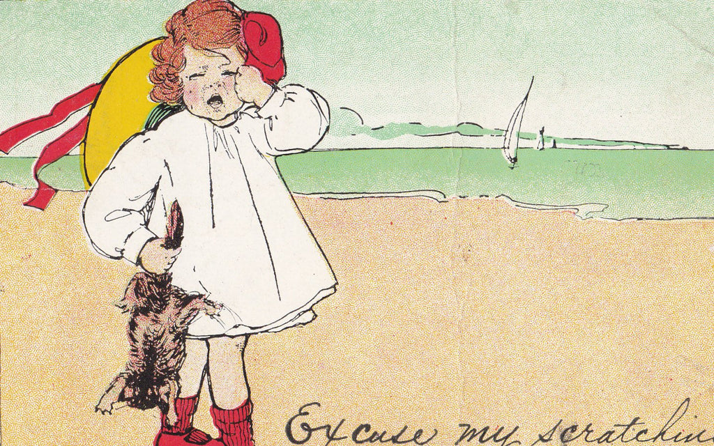 Excuse My Scratching- 1900s Antique Postcard- Girl with Kitten- Cat Scratch- Edwardian Humor- Strange Postcard- C N Caspar- Used