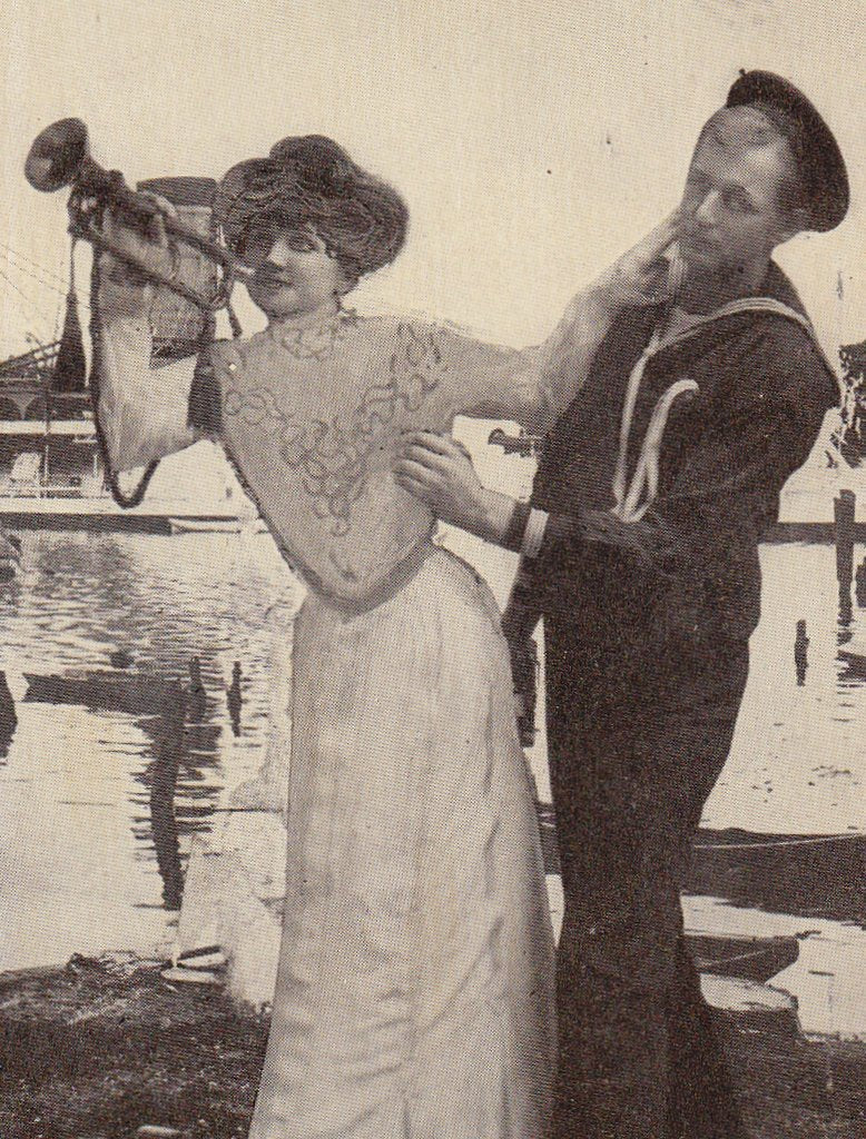 TAPS- 1910s Antique Postcard- Bugle Call- Military Tradition- WWI Sailor- Edwardian Romance- Art Comic- WW1 Humor- Used