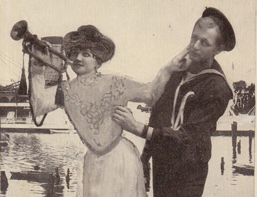 TAPS- 1910s Antique Postcard- Bugle Call- Military Tradition- WWI Sailor- Edwardian Romance- Art Comic- WW1 Humor- Used