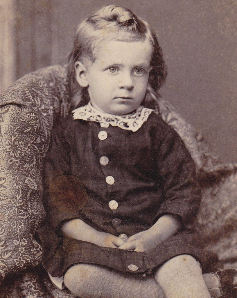 Long-Haired Laddie- 1800s Antique Photograph- Victorian Boy- Galva, Illinois- Child Portrait- Cabinet Photo- Pearl Buttons- Paper Ephemera