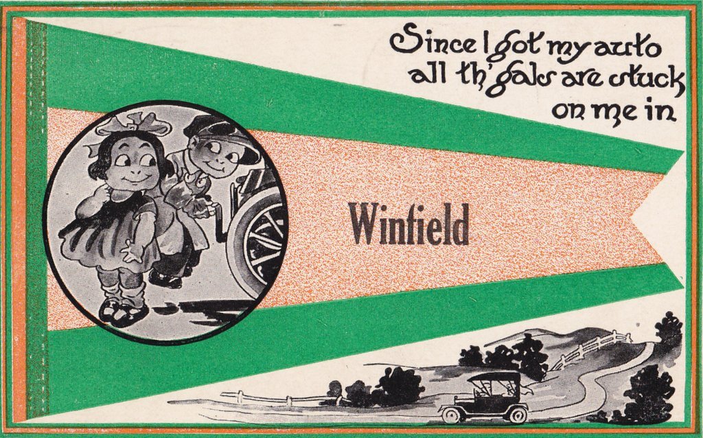 Since I Got My Auto- 1910s Antique Postcard- Winfield, Kansas- Pennant Flag- Edwardian Automobile- Art Comic- Used