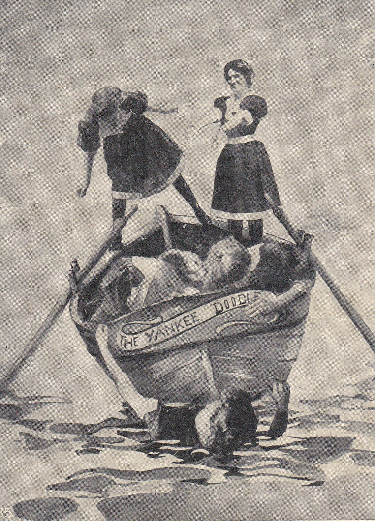 Yankee Doodle Dandies- 1910s Antique Postcard- Edwardian Humor- Rowboat- Rocking the Boat- Funny- Strange Comic- Semi Photo- Used