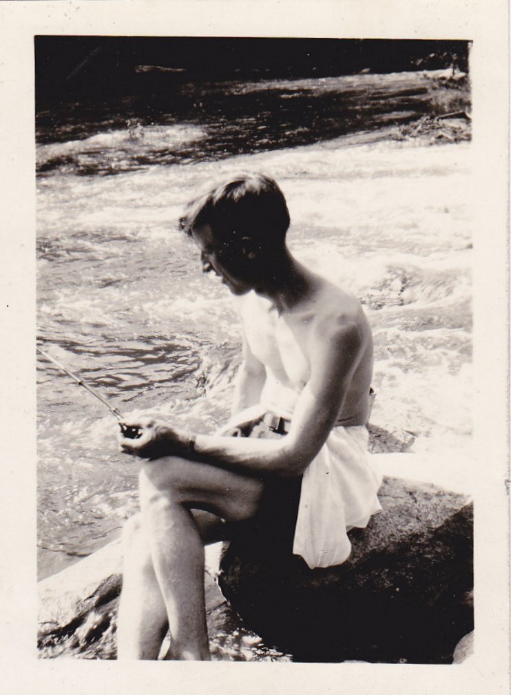 Waiting For the Fish to Bite- 1920s Antique Photographs- SET of 2- Shirtless Fisherman- Bamboo Fishing Pole- Found Photos