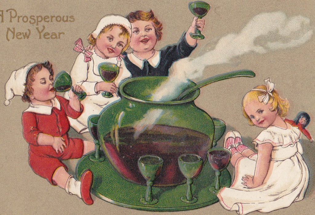 Prosperous New Year- 1900s Antique Postcard- Edwardian Children- Lucky Punch- Embossed- Used