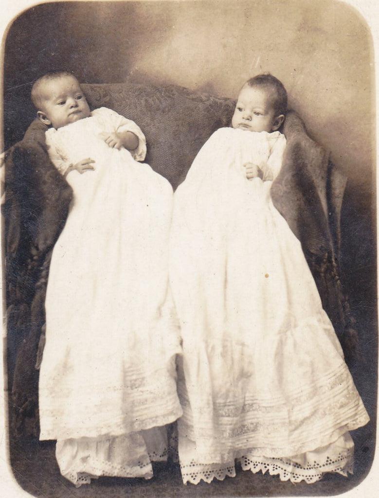 Infant Twins- 1900s Antique Photograph- Edwardian Babies- Identical Twins- Real Photo Postcard- RPPC- Monroeville, IN