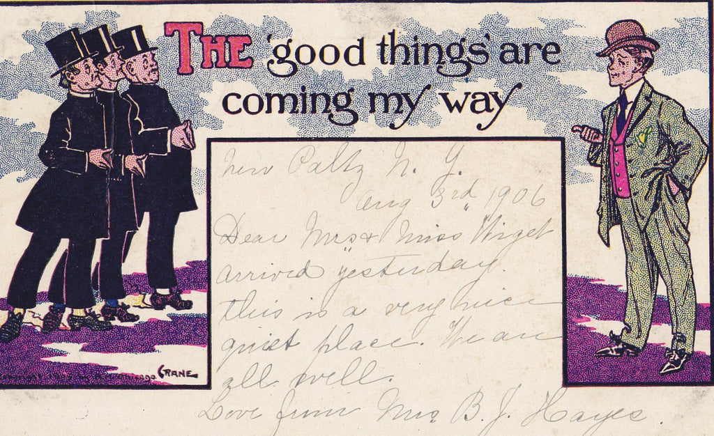 The Good Things Are Coming My Way- 1900s Antique Postcard- Edwardian Dandies- Humor- Art Comic- Artist Signed Crane- Used