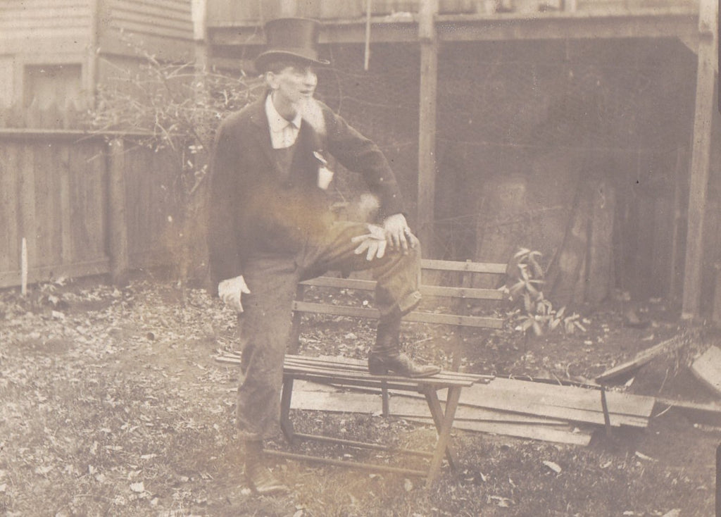 Brachydactyly- 1900s Antique Photograph- Edwardian Man- Fake Beard Top Hat- Hand Abnormality- Real Photo Postcard RPPC- Paper Ephemera