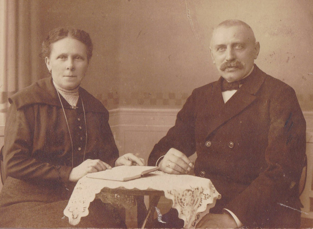 By The Book- 1900s Antique Photograph- Edwardian Couple- Open Book- Mustache Man- Hamburg, Germany- Cabinet Photo- Paper Ephemera