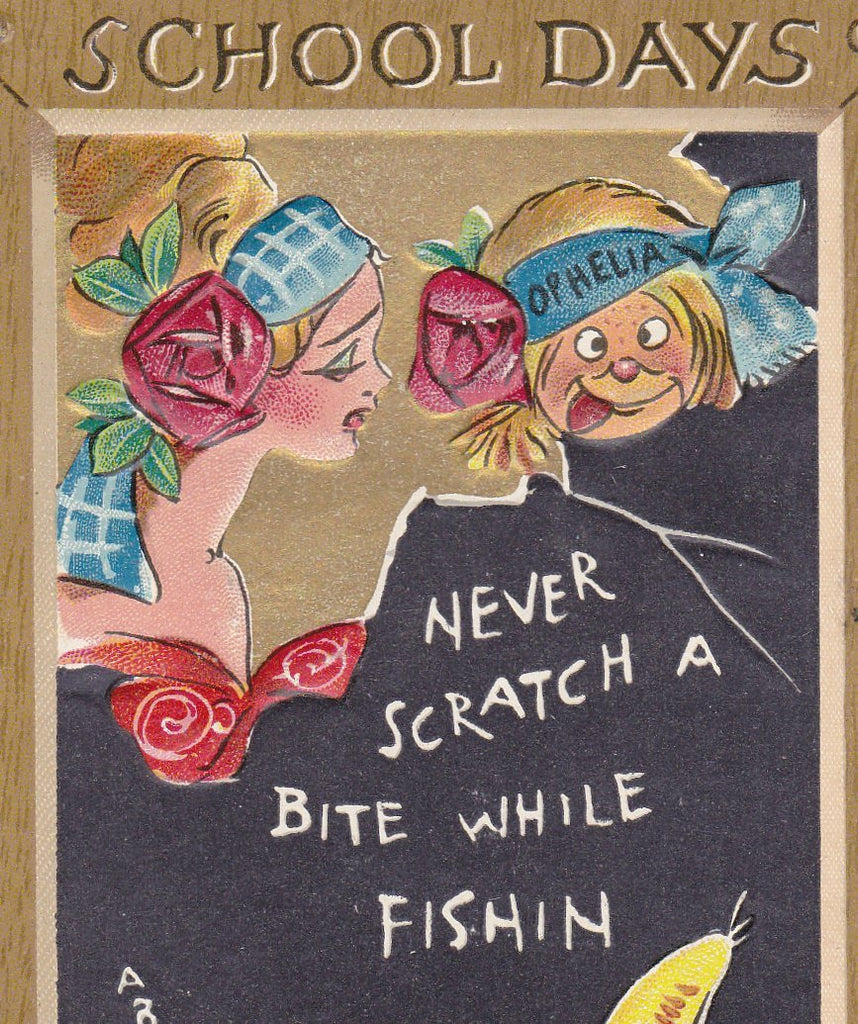 Never Scratch A Bite While Fishing- 1910s Antique Postcard- School Days Ophelia Comic- Dwig Art- Artist Signed- Raphael Tuck & Sons- Used