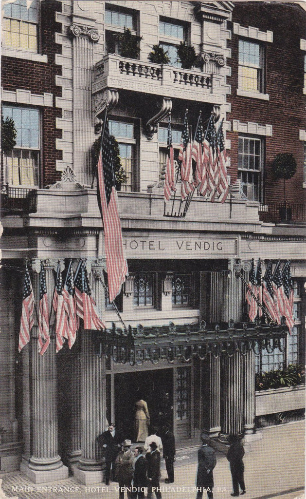 Hotel Vendig- 1910s Antique Postcard- Philadelphia, PA- American Flag- Edwardian Souvenir- Fire-Proof- James C Walsh- Used