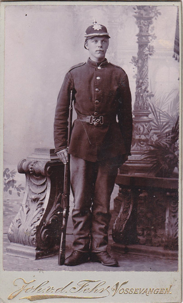 Norwegian Soldier- 1890s Antique Photograph- Spiked Helmet- Mauser Gun- Bolt-Action Rifle- Vossevangen, Norway- CDV Portrait