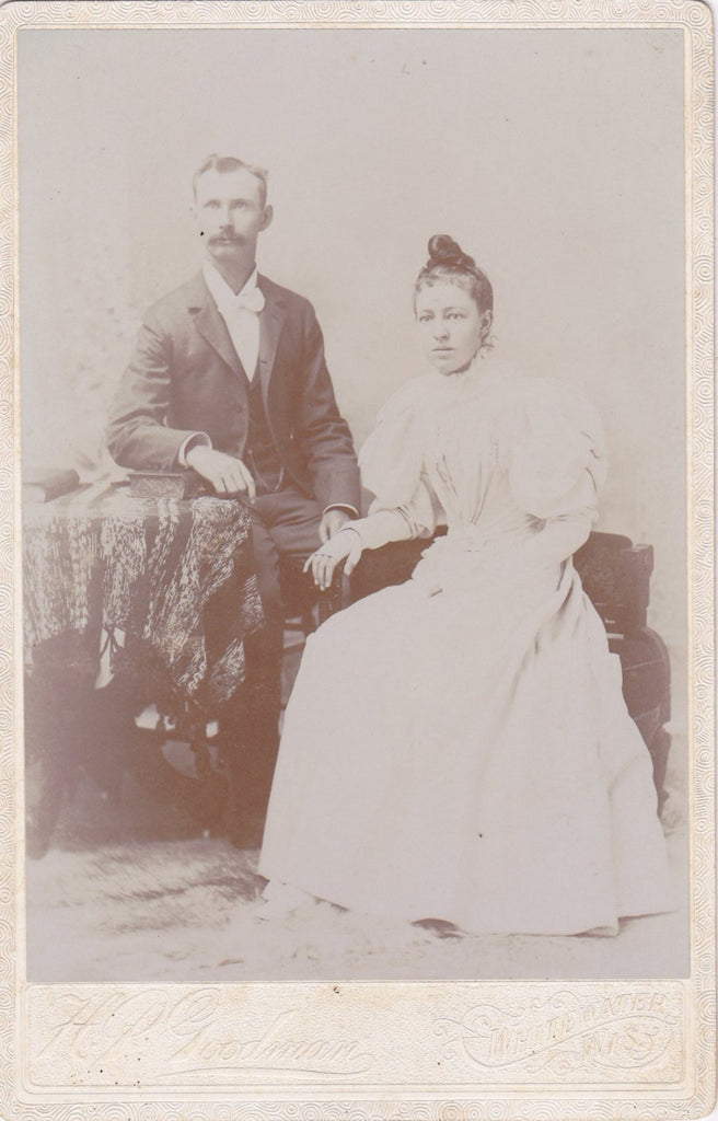 Victorian Bride and Groom- 1800s Antique Photograph- Fingerless Gloves- Cabinet Photo- H P Goodman- Whitewater, Wisconsin- Paper Ephemera