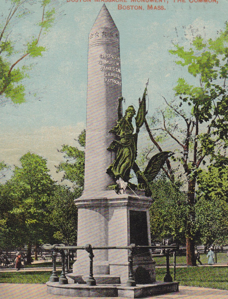 Boston Massacre Monument- 1910s Antique Postcard- The Common- Boston, Mass- Massachusetts History- Memorial Statue- Valentine & Sons