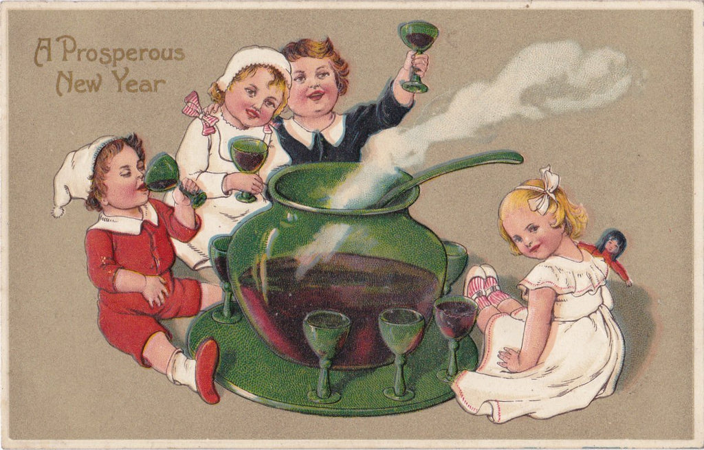 Prosperous New Year- 1900s Antique Postcard- Edwardian Children- Lucky Punch- Embossed- Used