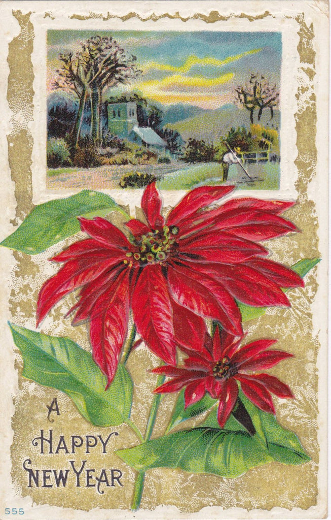 New Year Poinsettias- 1900s Antique Postcard- Edwardian Country Scene- Winter Season- Embossed- Used