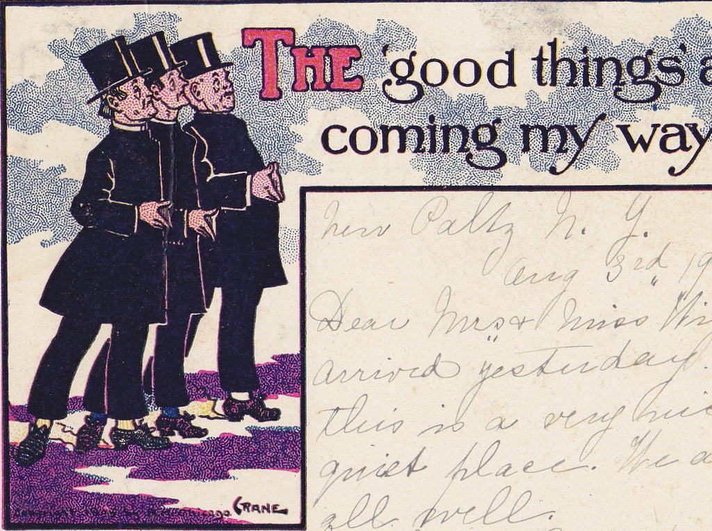 The Good Things Are Coming My Way- 1900s Antique Postcard- Edwardian Dandies- Humor- Art Comic- Artist Signed Crane- Used