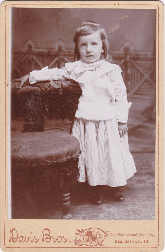 Stripey Spring Frock- 1800s Antique Photograph- Victorian Boy in Dress- Davis Bros- Cabinet Photo- Beardstown, IL- 19th Century Portrait