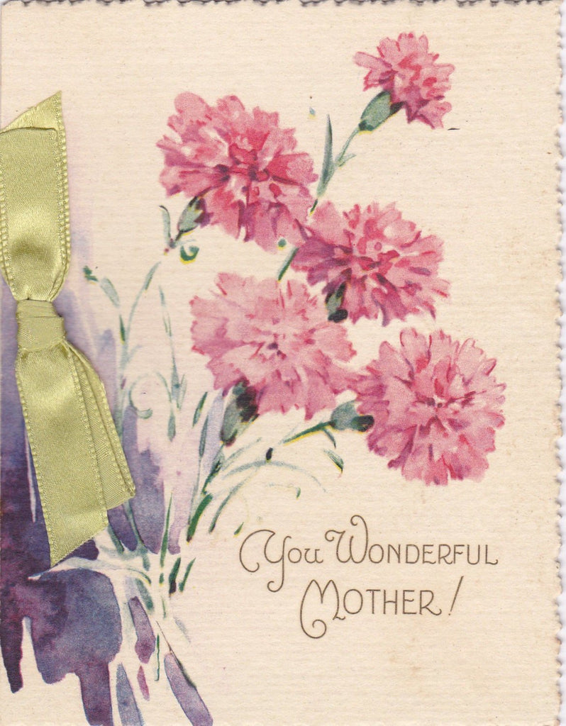 You Wonderful Mother- 1930s Vintage Card- Happy Mother's Day Card- Pink Carnations- Not Old Fashioned- Unused