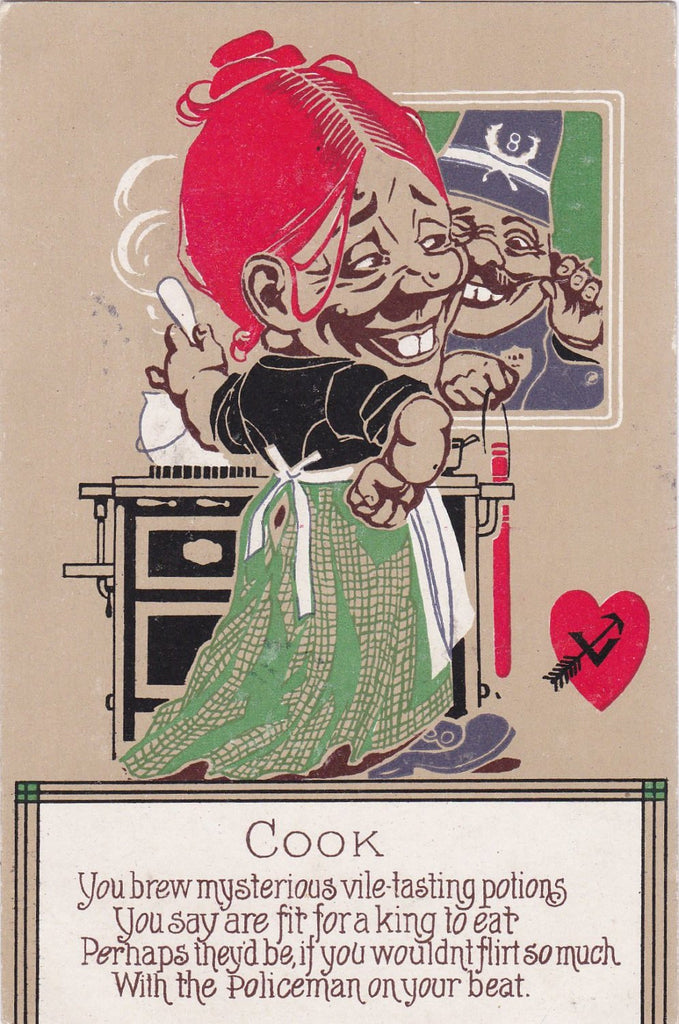 The Cook- 1900s Antique Postcard- You Brew Mysterious Vile Tasting Potions- Policeman- Edwardian Humor- Valentine Comic- Unused