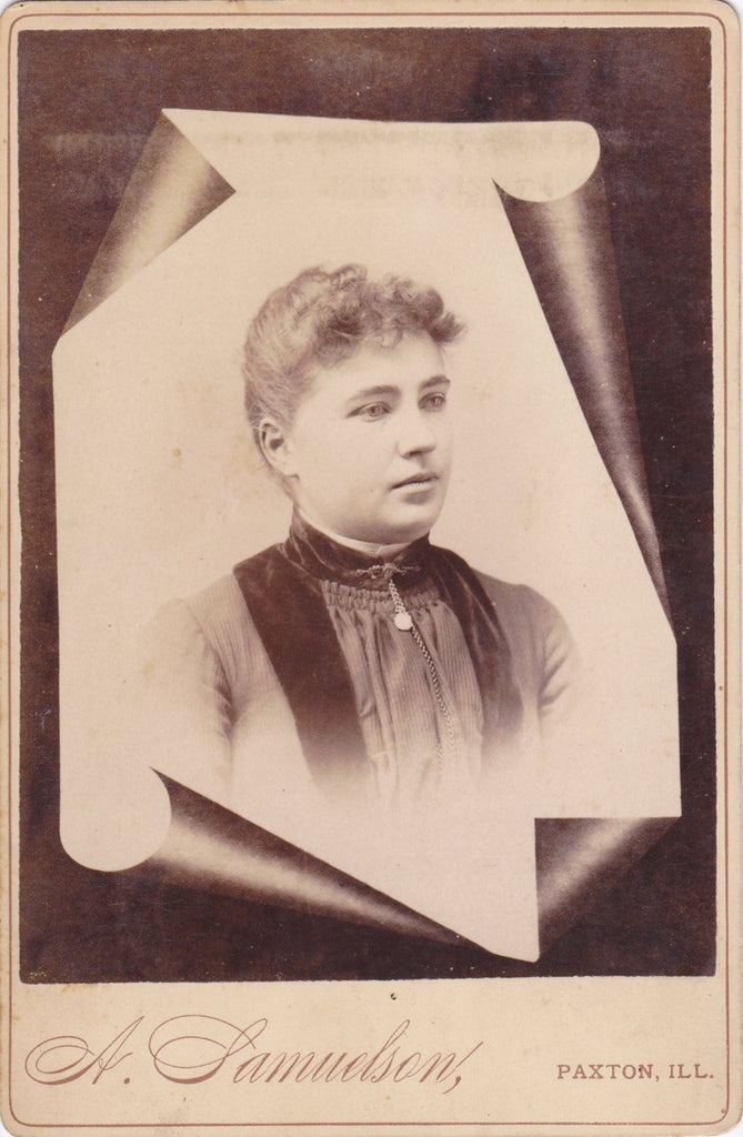 Girl in Corduroy- 1800s Antique Photograph- Victorian Memorial Portrait- Paxton, Illinois- A Samuelson- Cabinet Photo- Paper Ephemera