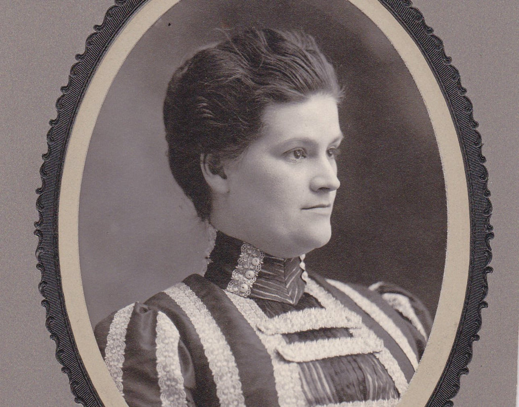Stripes in Lace- 1800s Antique Photograph- Victorian Woman- Profile Portrait- Old Cabinet Photo- Paper Ephemera